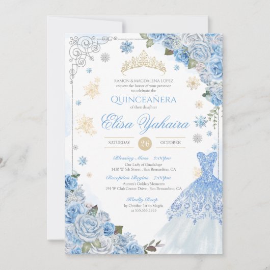 Winter Sneeuwvlok IJs Blauw Goud Zilver Quinceañer Kaart (Voorkant)
