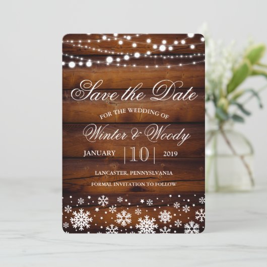 Winter Sneeuwvlok Lights Save the Date Uitnodiging (Staand voorkant)
