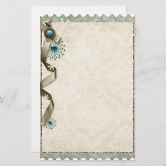  Winter sneeuwvlok lint damast blauwgroen crème Briefpapier (Voorkant / Achterkant)