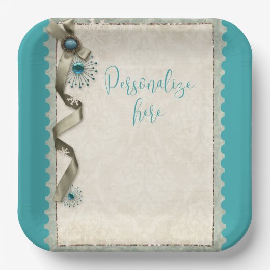  Winter sneeuwvlok lint damast blauwgroen Papieren Bordje (Voorkant)