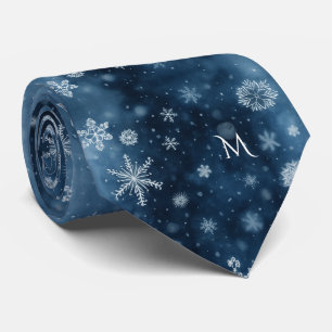 Winter Sneeuwvlok Middennachtblauw Monogram Waterv Stropdas