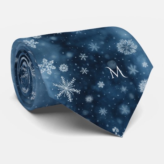 Winter Sneeuwvlok Middennachtblauw Monogram Waterv Stropdas (Opgerold)
