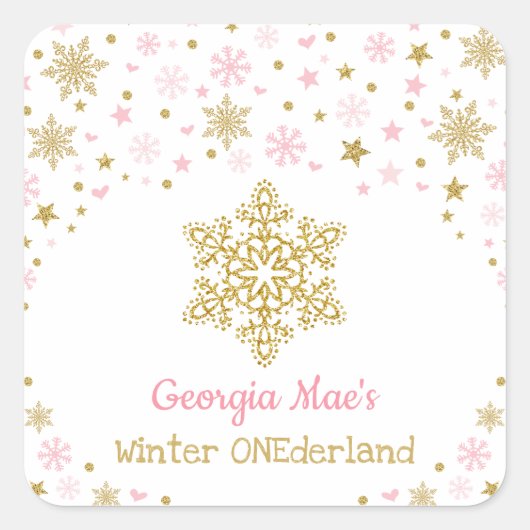 Winter Sneeuwvlok Roze Goud Verjaardagsfeestgunste Vierkante Sticker (Voorkant)