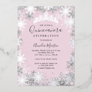 Winter Sneeuwvlok Roze Zilver Quinceanera Folie Uitnodiging