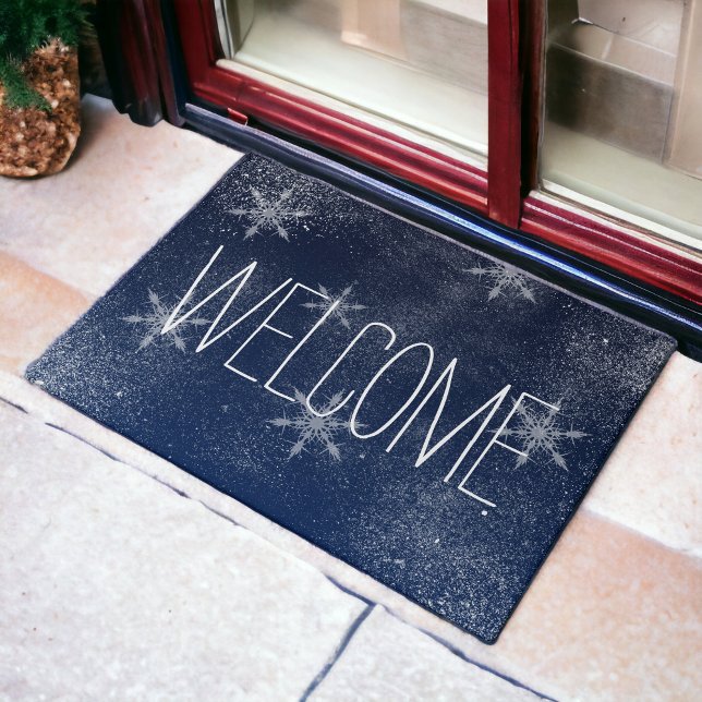 Winter sneeuwvlok sneeuw navy blauw Kerstmis Deurmat (Winter snowflake snow navy blue Christmas Doormat)