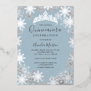 Winter Sneeuwvlok Stof Blauw Zilver Quinceanera Folie Uitnodiging