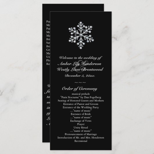 Winter Sneeuwvlok Trouwprogramma (zwart) Programmakaart (Voorkant / Achterkant)