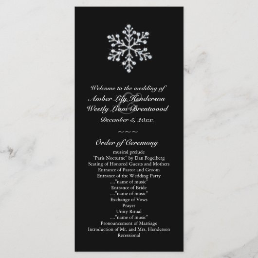 Winter Sneeuwvlok Trouwprogramma (zwart) Programmakaart (Voorkant)