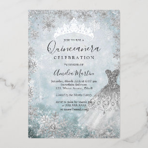 Winter Sneeuwvlok Zilver Blauw Quinceanera Folie U Uitnodiging