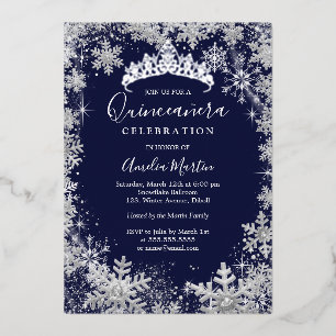 Winter Sneeuwvlok Zilver Marine Quinceanera Folie Uitnodiging