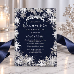 Winter Sneeuwvlok Zilver Marine Quinceanera Folie Uitnodiging