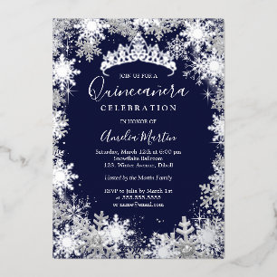Winter Sneeuwvlok Zilver Marine Quinceanera Folie Uitnodiging