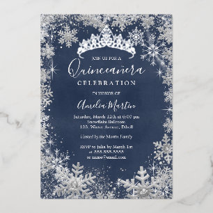 Winter Sneeuwvlok Zilver Navy Quinceanera Folie Uitnodiging