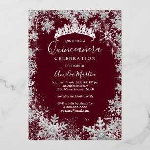 Winter Sneeuwvlok Zilveren Bourgondië Quinceanera Folie Uitnodiging