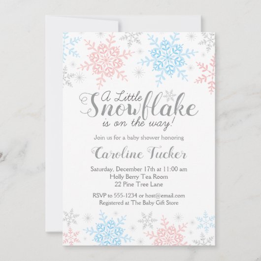 Winter Sneeuwvlokken Baby shower Roze Blauw Zilver Kaart (Voorkant)