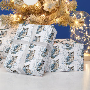 Winter Sneeuwvlokken Blauwe Uil Kerst Sneeuw Cadeaupapier