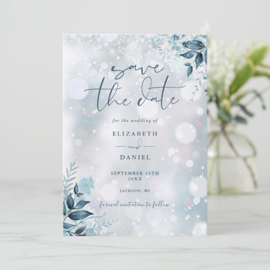 Winter Sneeuwvlokken Bloemen Fotobruiloft Save The Date (Staand voorkant)