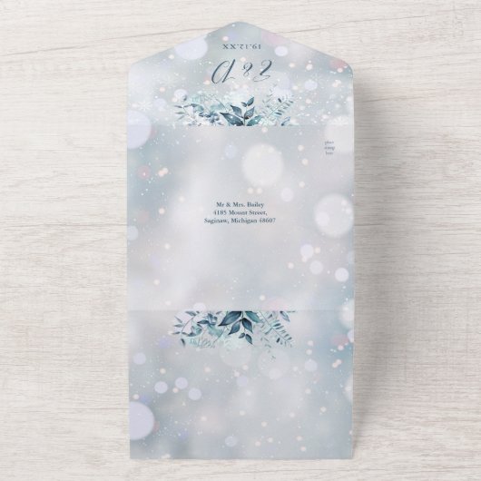 Winter Sneeuwvlokken Bloemen QR Code Trouwen All In One Uitnodiging (Buitenkant)