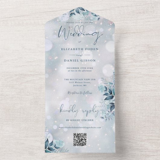 Winter Sneeuwvlokken Bloemen QR Code Trouwen All In One Uitnodiging (Binnen)