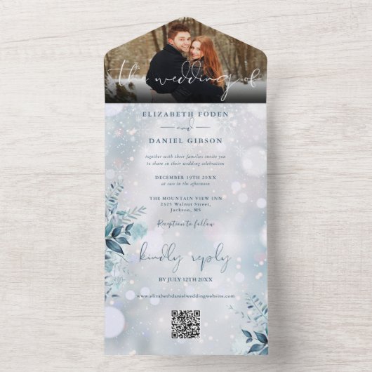 Winter Sneeuwvlokken Bloemen QR Code Trouwfoto All In One Uitnodiging (Binnen)
