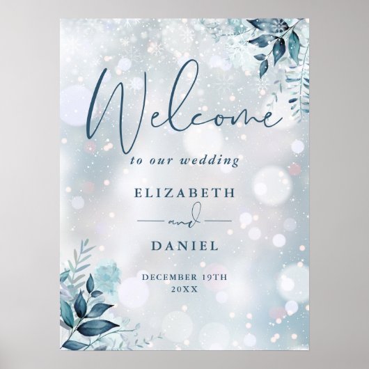 Winter Sneeuwvlokken Bloemige Trouw Welkom Bord Poster (Voorkant)