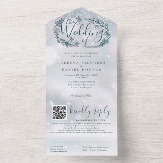 Winter Sneeuwvlokken Boho Bloemen QR Code Bruiloft All In One Uitnodiging (Binnen)