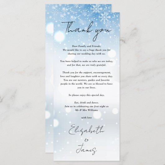 Winter sneeuwvlokken bruiloft dank u plaats kaart (Voorkant / Achterkant)