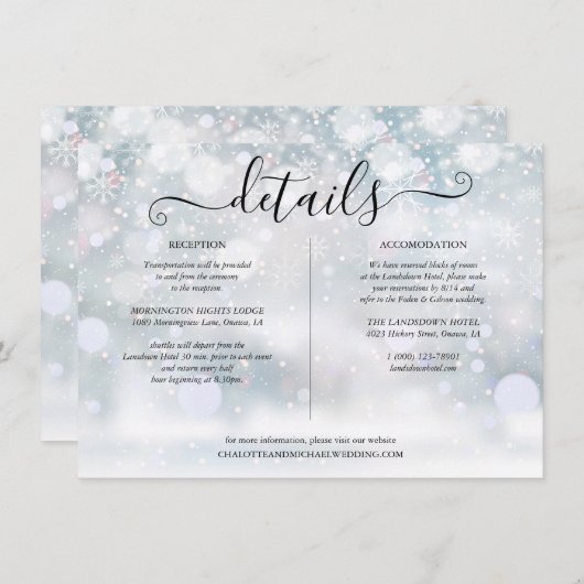 Winter Sneeuwvlokken Bruiloft Details Informatie Informatiekaartje (Voorkant / Achterkant)