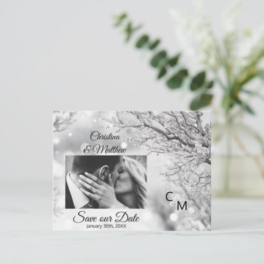 Winter Sneeuwvlokken Bruiloft SAVE OUR DATE | FOTO Aankondigingskaart (Staand voorkant)