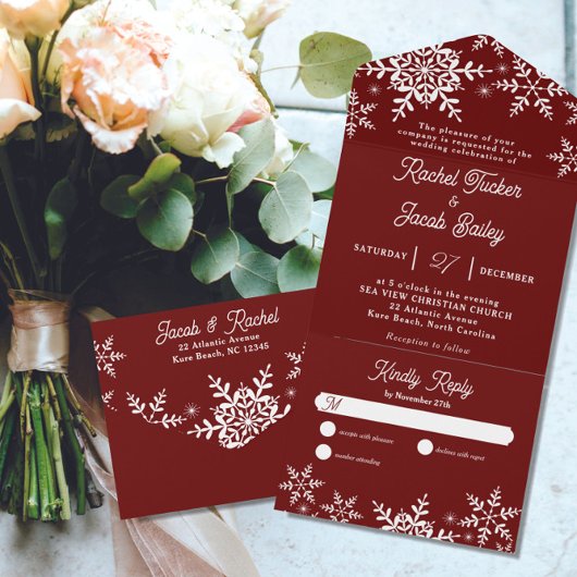Winter Sneeuwvlokken Donkerrood Kerstmis Bruiloft All In One Uitnodiging