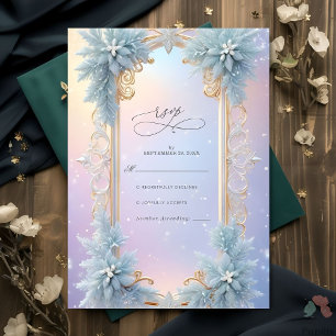 Winter Sneeuwvlokken en Blauwe Bloemen Wedding RSVP Kaartje