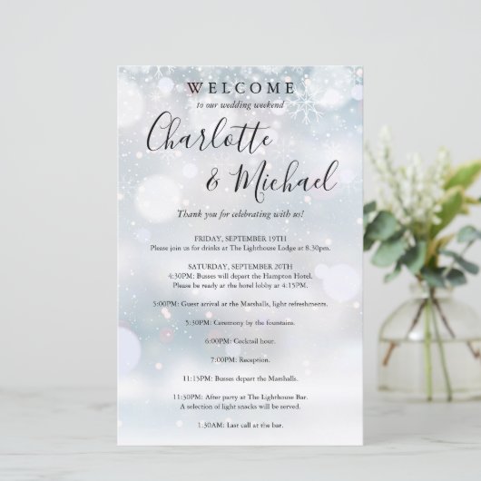 Winter Sneeuwvlokken Gast Bruiloft Weekend Program (Staand voorkant)