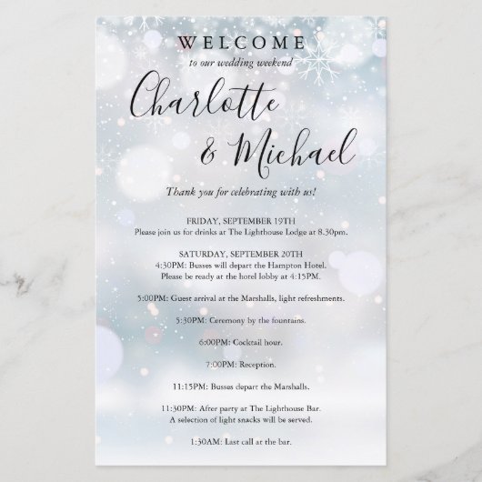 Winter Sneeuwvlokken Gast Bruiloft Weekend Program (Voorkant)