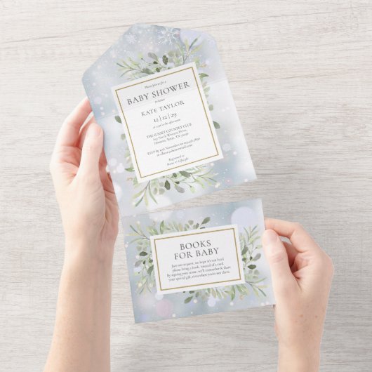 Winter Sneeuwvlokken Groen Lover Baby Feest All In One Uitnodiging (Afscheurbaar)