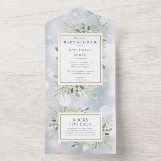 Winter Sneeuwvlokken Groen Lover Baby Feest All In One Uitnodiging (Binnen)