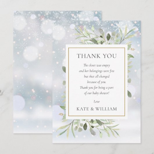 Winter Sneeuwvlokken Groene Baby Shower Gedicht Bedankkaart (Voorkant / Achterkant)