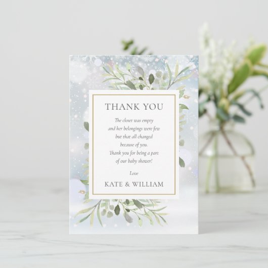 Winter Sneeuwvlokken Groene Baby Shower Gedicht Bedankkaart (Staand voorkant)