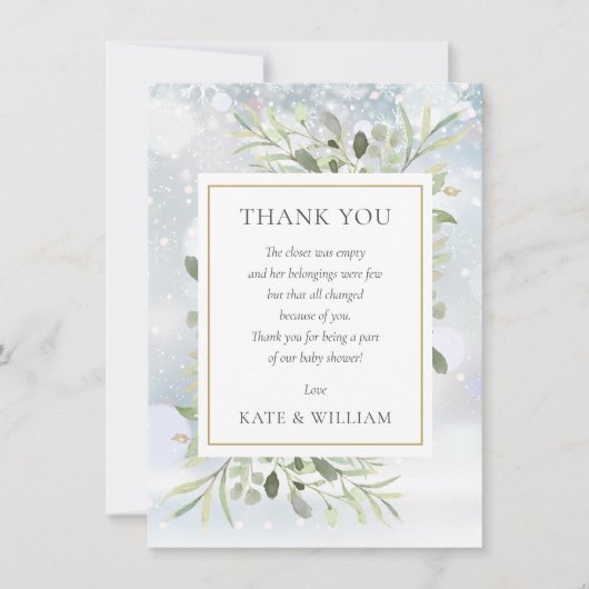 Winter Sneeuwvlokken Groene Baby Shower Gedicht Bedankkaart (Voorkant)