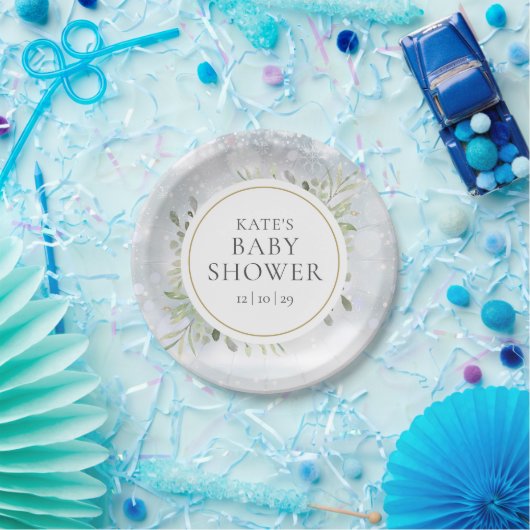 Winter Sneeuwvlokken Groene Baby Shower Papieren Bordje (Feest)
