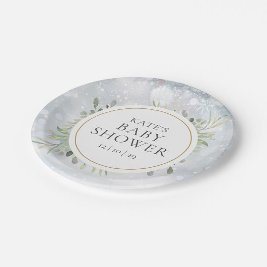 Winter Sneeuwvlokken Groene Baby Shower Papieren Bordje (Gekanteld)