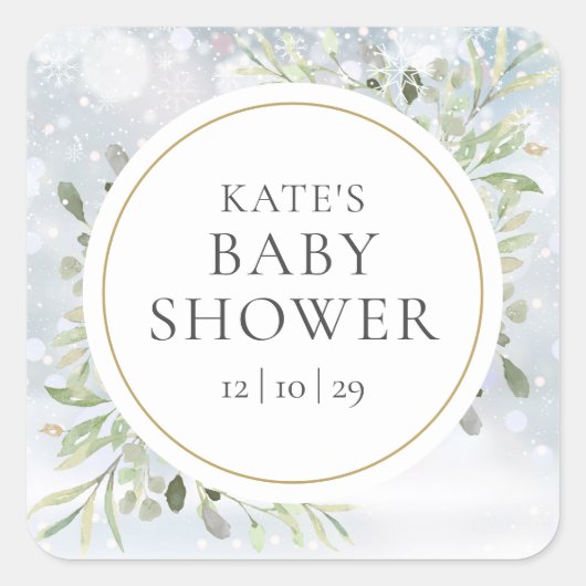 Winter Sneeuwvlokken Groene Baby Shower Vierkante Sticker (Voorkant)
