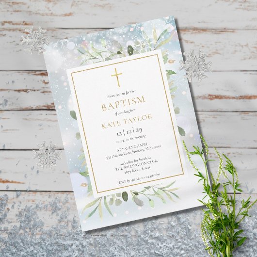 Winter Sneeuwvlokken Groene Doop Christening Kaart