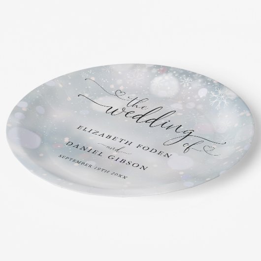 Winter Sneeuwvlokken Hart Script Bruiloft Papieren Bordje (Gekanteld)