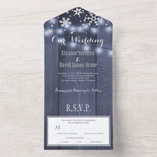 Winter sneeuwvlokken houten lichten rustieke bruil all in one uitnodiging (Binnen)