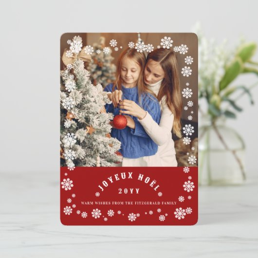 Winter Sneeuwvlokken Joyeux Noel Kerstmis Chique F Feestdagenkaart (Staand voorkant)