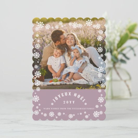 Winter Sneeuwvlokken Joyeux Noel Kerstmis Chique F Feestdagenkaart (Staand voorkant)