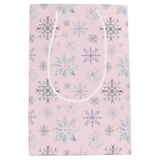 Winter Sneeuwvlokken Kerst Roze Medium Cadeauzakje (Voorkant)