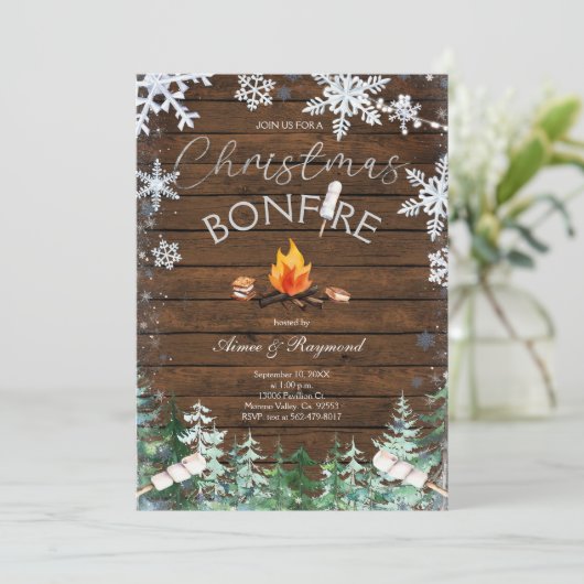 Winter Sneeuwvlokken Kerstmis Bonfire Uitnodiging (Staand voorkant)