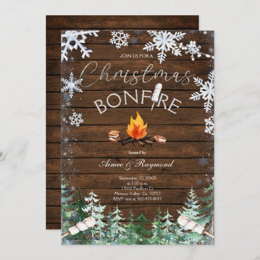 Winter Sneeuwvlokken Kerstmis Bonfire Uitnodiging (Voorkant / Achterkant)