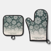 Winter Sneeuwvlokken op Donkergroen Ombre Kerstmis Ovenwant & Pannenlap Set (Voorkant)